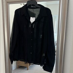 Zara Black Button Down Sheer Shirt